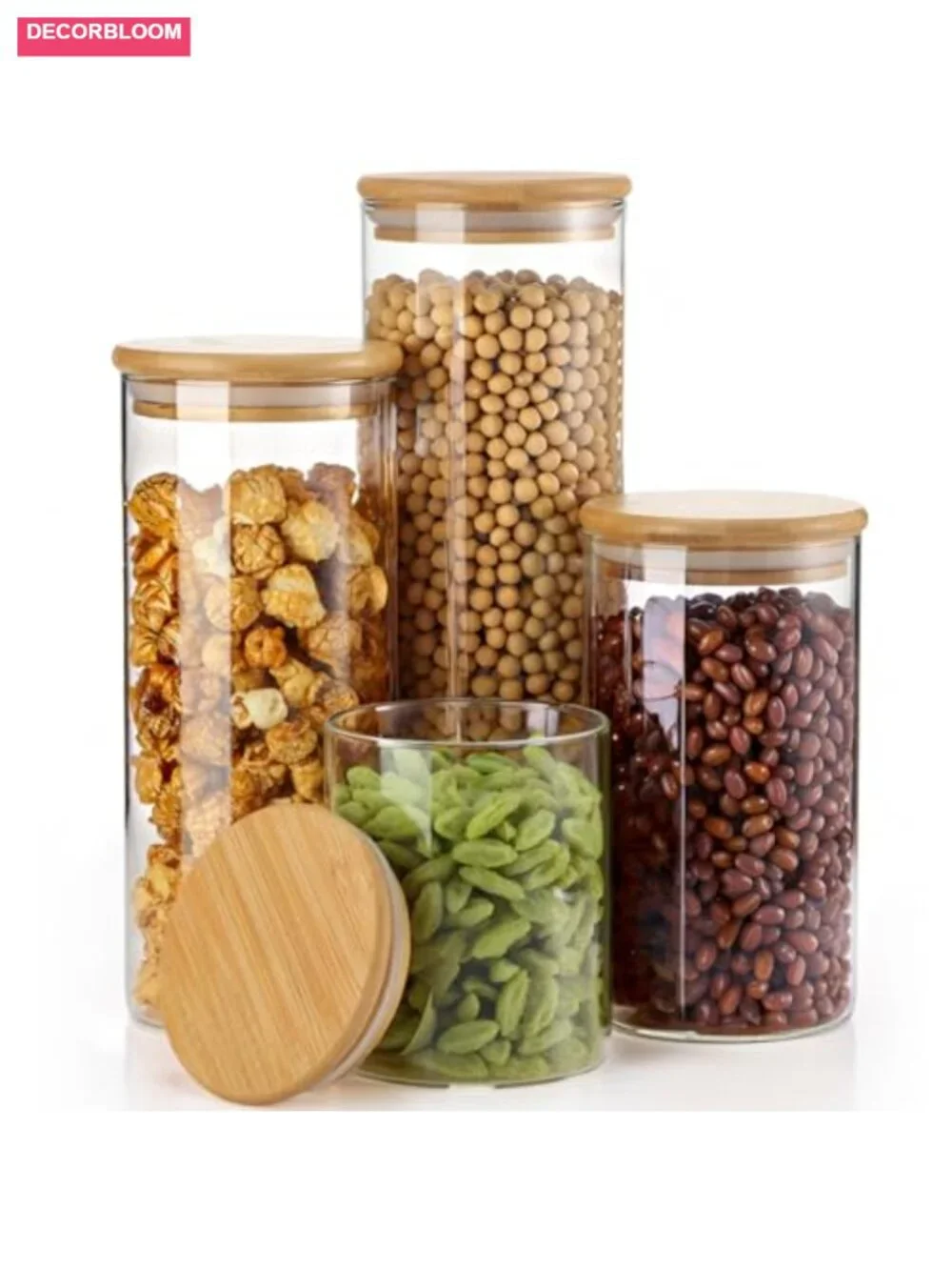 Glass Storage Jars with Wooden Lids, 4 Sizes Airtight Stackable Canisters for